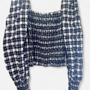 H&M Womens M Black and White check plaid Victorian Puff Sleeve Smocked blouse